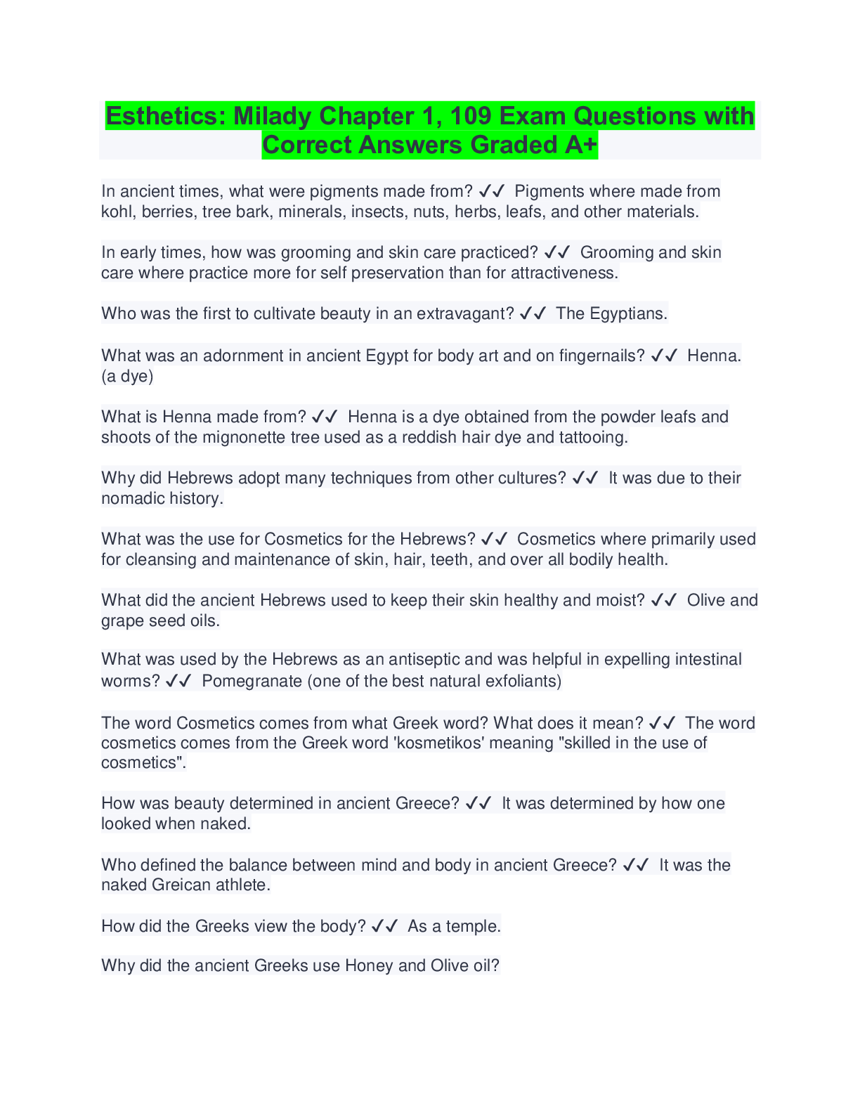 Esthetics Milady Chapter 1, 109 Exam Questions with Correct Answers